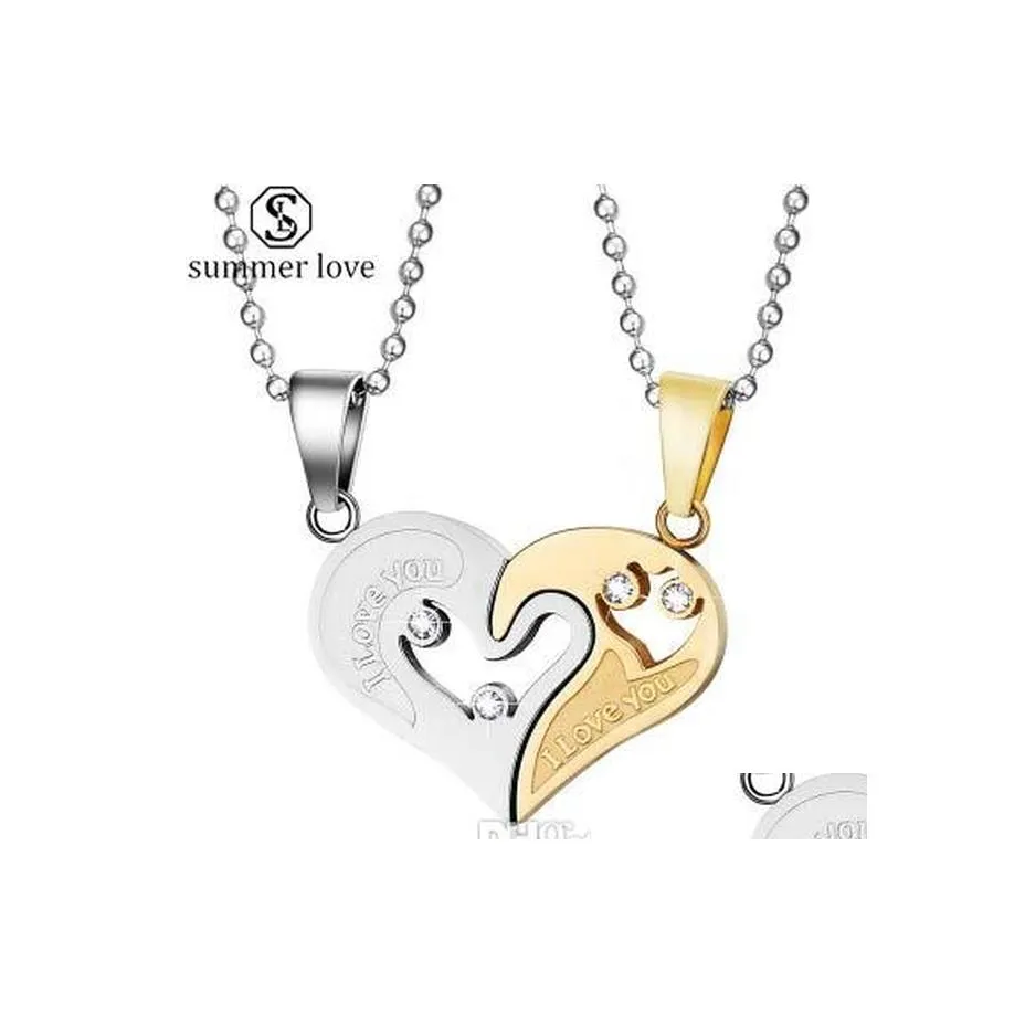 Pendant Necklaces Titanium Steel Heart Shape With Crystal Couple Necklace Set For Women Men High Quality Jewelry Gift Your Lover Dro Dhrfq