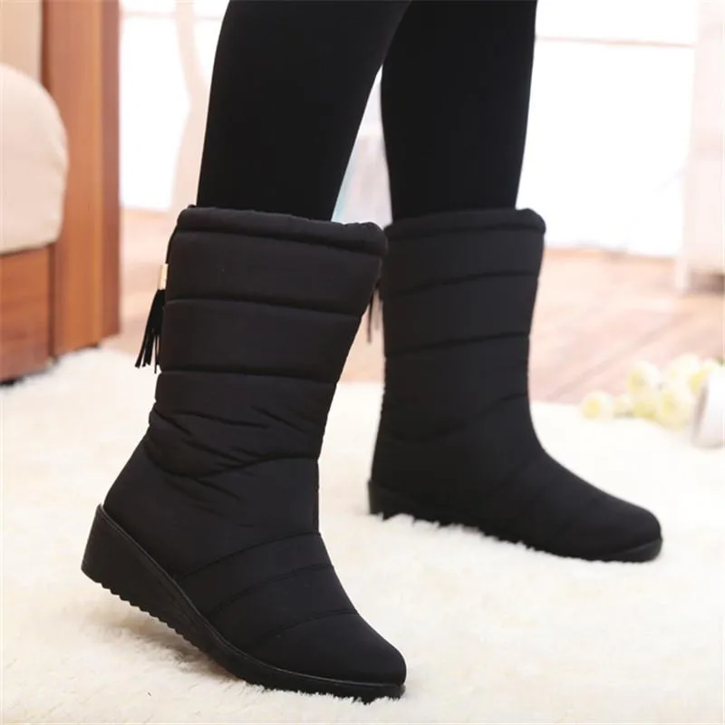 Bottes de neige imperméables pour femmes, chaussures d'hiver mi-mollet, chaudes, en peluche, à enfiler, 35-42