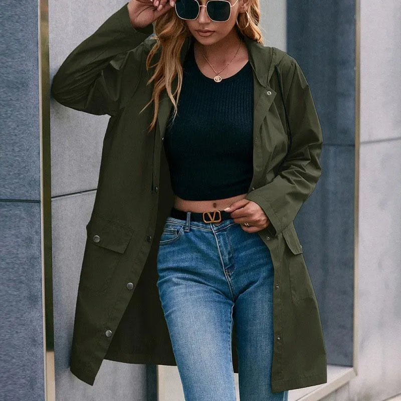 Trench feminina casacos outono casual manga longa com capuz de capuz médio casaco de moda feminino feminino windbreaker primavera plus sizey