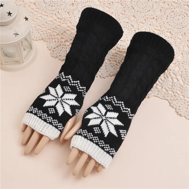 Five Fingers Gloves Women's Winter Mittens Women Fingerless Knitted Snowflakes Female Arm Warmer