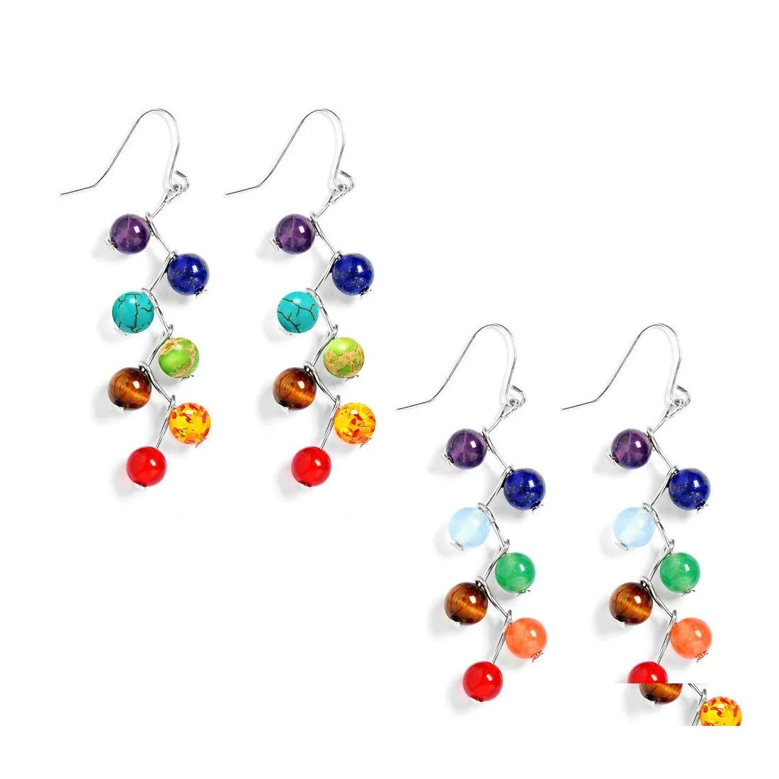 Arts et artisanat pierre naturelle 7 perles de guérison chakra boucles d'oreilles suspendues yoga méditation gland couleur perlée boucle d'oreille en attente pour les femmes Dhmrm