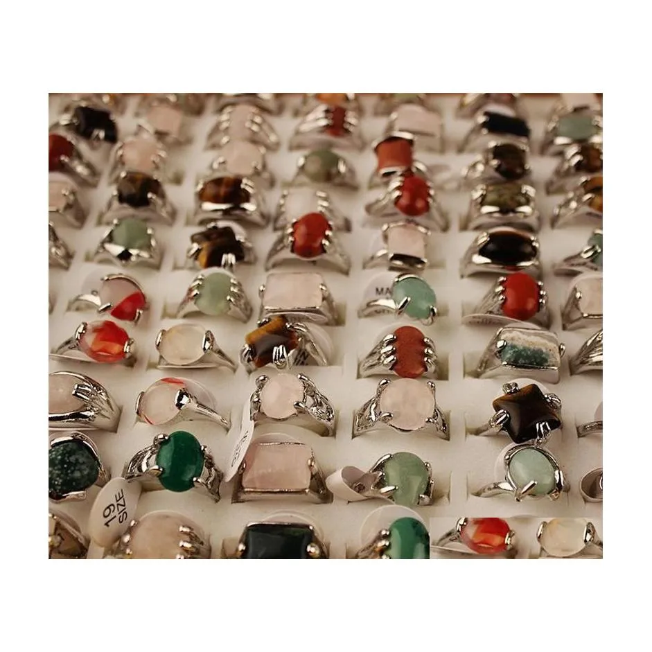 Solitaire Ring Mix Lot Mens Rings Natural Stone For Collection Lovers 50Pcs Wholesale 619 T2 Drop Delivery Jewelry Dhxh4