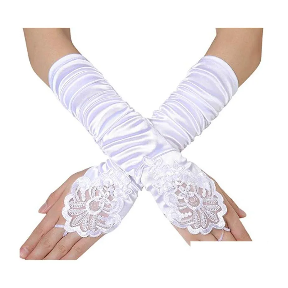 Gants sans doigts Mode Noir Blanc Rouge Accessoires de mariée Perle Satin Strass Dentelle Mitaines de fête de bal Livraison directe Chapeaux Foulards Ottck