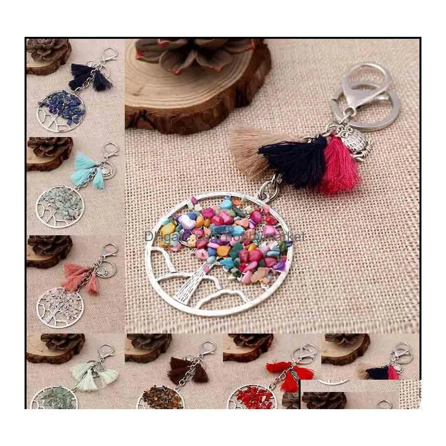 Key Rings Jewelry Natural Stone Tree Of Life Ring Owl Tassel Keychain Holders Bag Hangs Fashion Will And Sandy Drop Ship Delivery 202 Dhep7