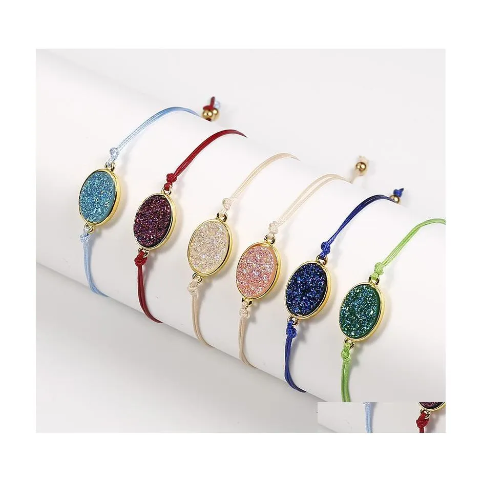 Cadena de eslabones Envoltura hecha a mano Cuerda Pulsera trenzada Muñeca ajustable Druzy Resina Grandes dijes ovalados Pulseras para mujeres Niñas Tarjeta de deseos Fri Dhlye