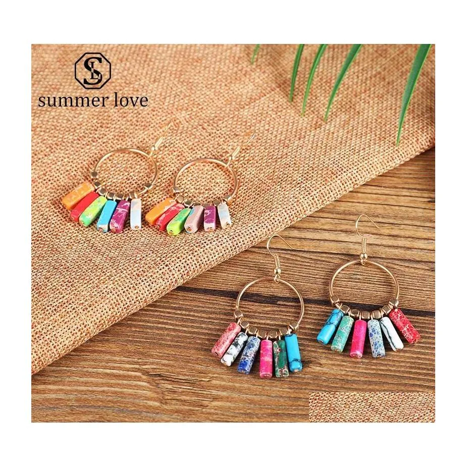 Dangle Lustre Boho Haute Qualité Colorf Narural Pierre Boule Boucle D'oreille Pour Femmes Élégantes En Alliage D'or Perles Drop Party Mariage Jewele Dhkrr