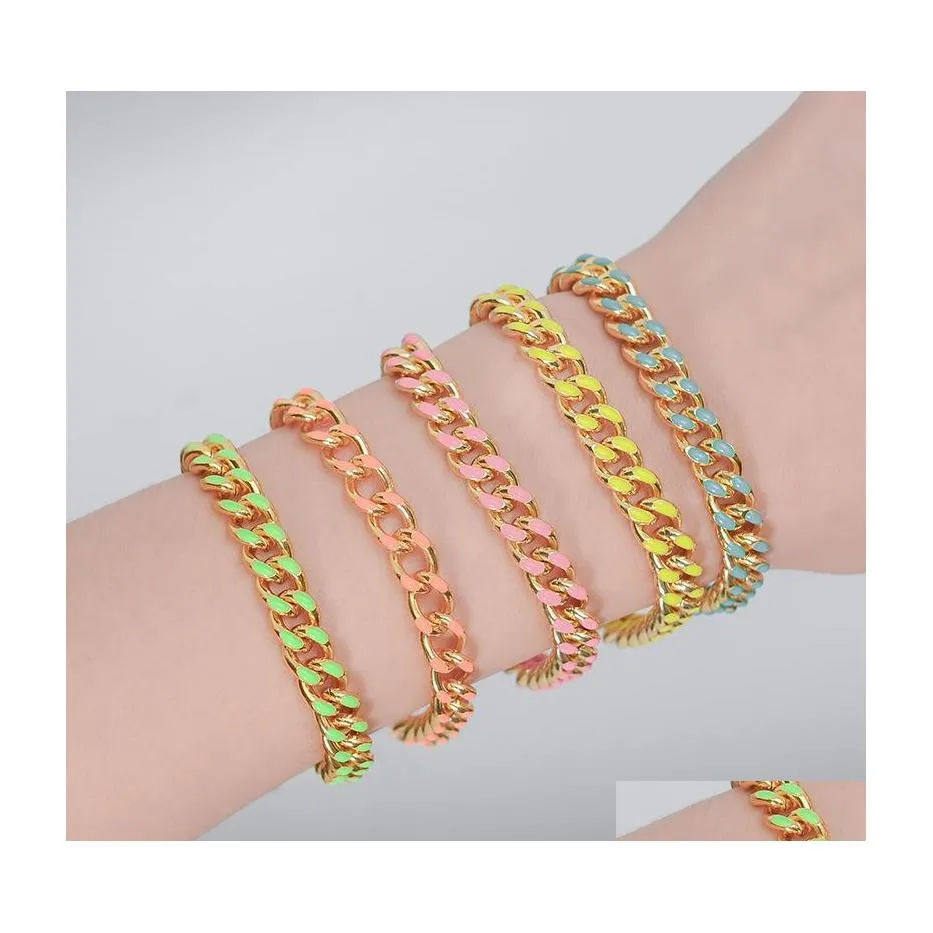 Lien chaîne à la mode bracelet cubain pour hommes femmes hiphop goutte d'huile couleur bijoux cadeau conception simple bracelets en gros article personalit Dhxq5