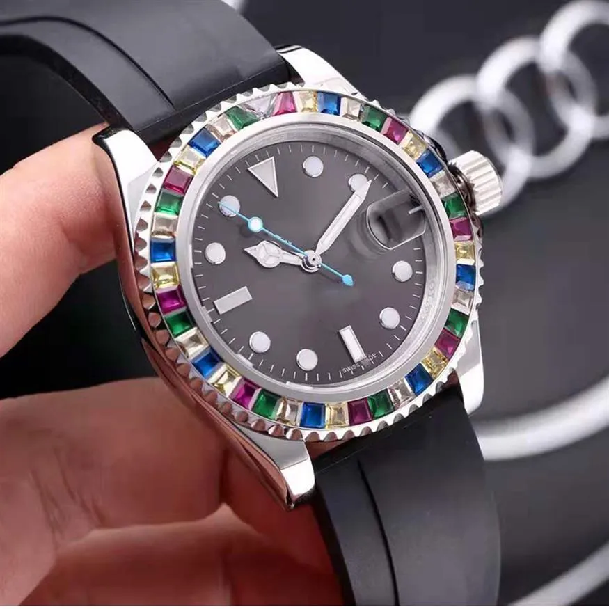 Casual Watches Original Automatic Movements Rubber Strap First Quality Sapphire mirror Men-watch Colorful Diamond Decoration Watch263F