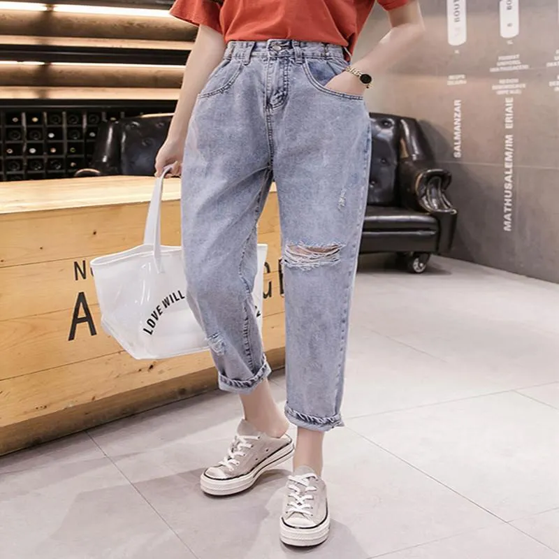 Women's Jeans Cool Woman Summer Fashion Ripped Hole Bleach Mid Waist Vintage High Street Women Loose Harem