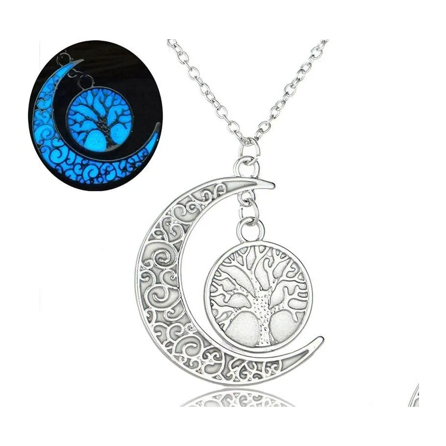 Pendentif Colliers Mode Glowing In The Dark Moon Pour Femmes Creux Arbre De Vie Coeur Maman Lettre Lumineux Chaînes Designer Bijoux D Ot9M3