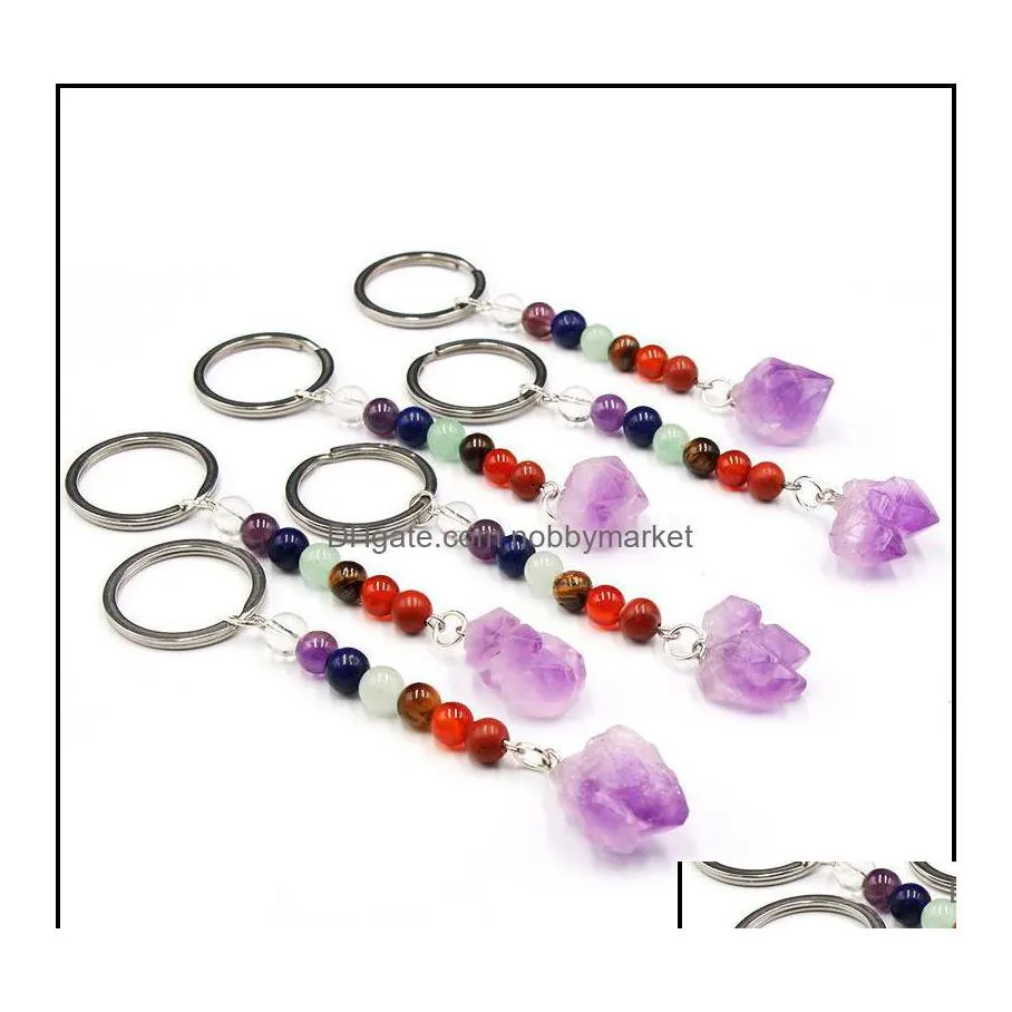 Chaveiros Jóias 7 Chakra Pedra Natural Bolsa Bolsa Titular Irregar Ametista Cristal Quartz Pedras Chaveiros Dangle Carro Fechos Cha Dhb9e