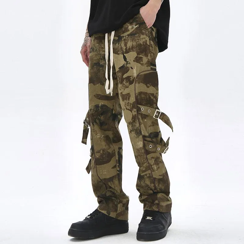 Pantalons pour hommes High Street Genou Lacet Camouflage Cordon Mens Cargo Droite Lâche Rétro Harajuku Sangles Casual Pantalon SurdimensionnéMen's