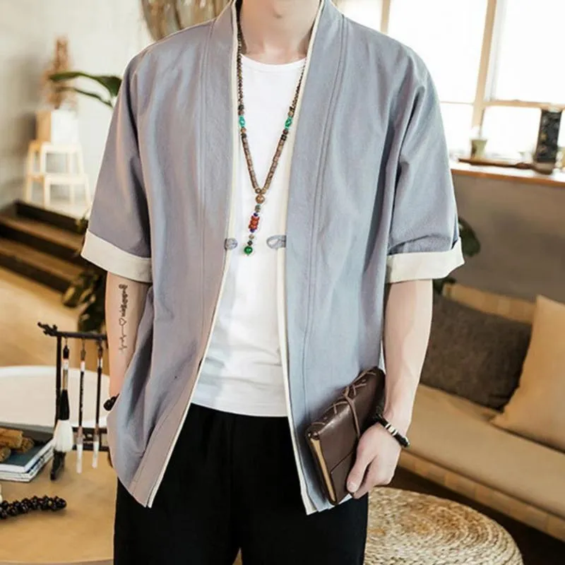 Men's Casual Shirts Plus Size Fashion Men Color Block Short Sleeve Button Loose Kimono Blouse CoatMen's
