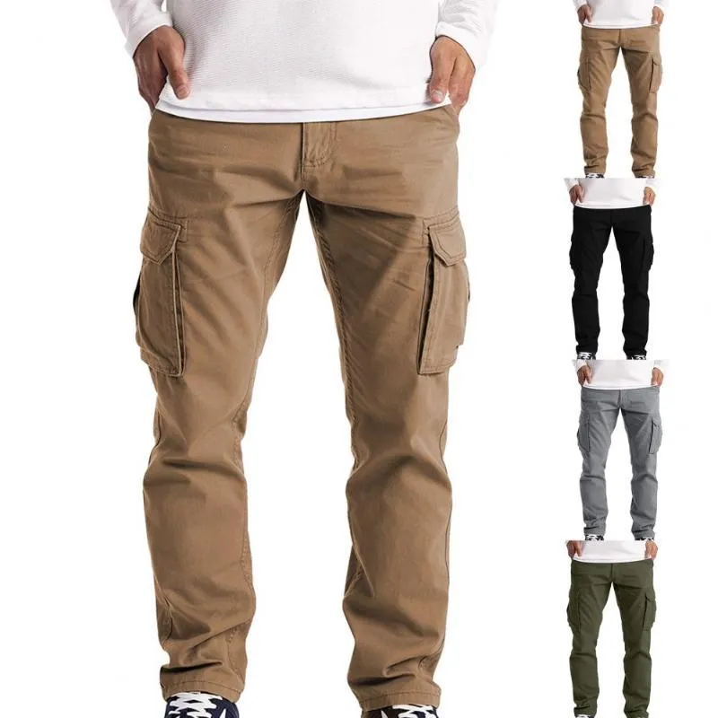 Pantalones de hombre 2023, monos de moda, pantalones de chándal de pierna recta de cintura media con múltiples bolsillos de Color sólido, adecuados para ropa de calle