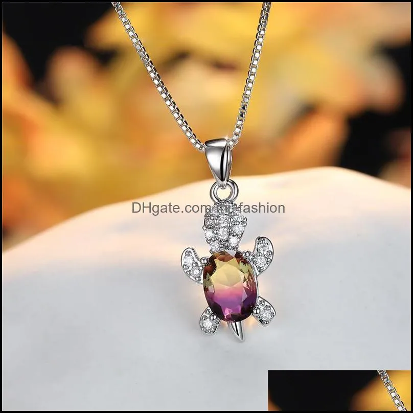 DHgate Exquisite Blue Purple Zircon Turtle Necklace Rainbow Crystal Animal Pendant for Women Jewelry