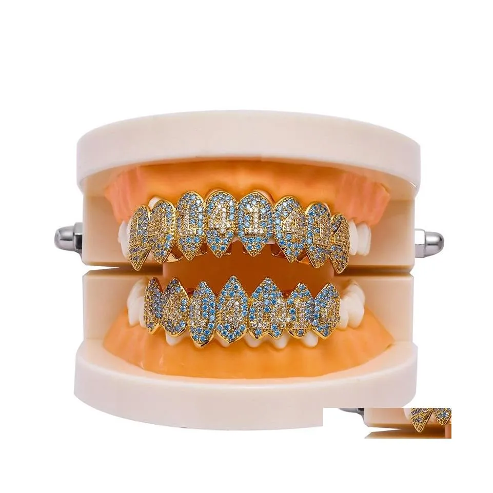 Grillz Dental Grills Halloween Iced Out Hip Hop 1414 Gold Sier Teeth Grillz Set Bling Aaa Cubic Zircon 8 8 Top Bottom Vampire J Dhyb