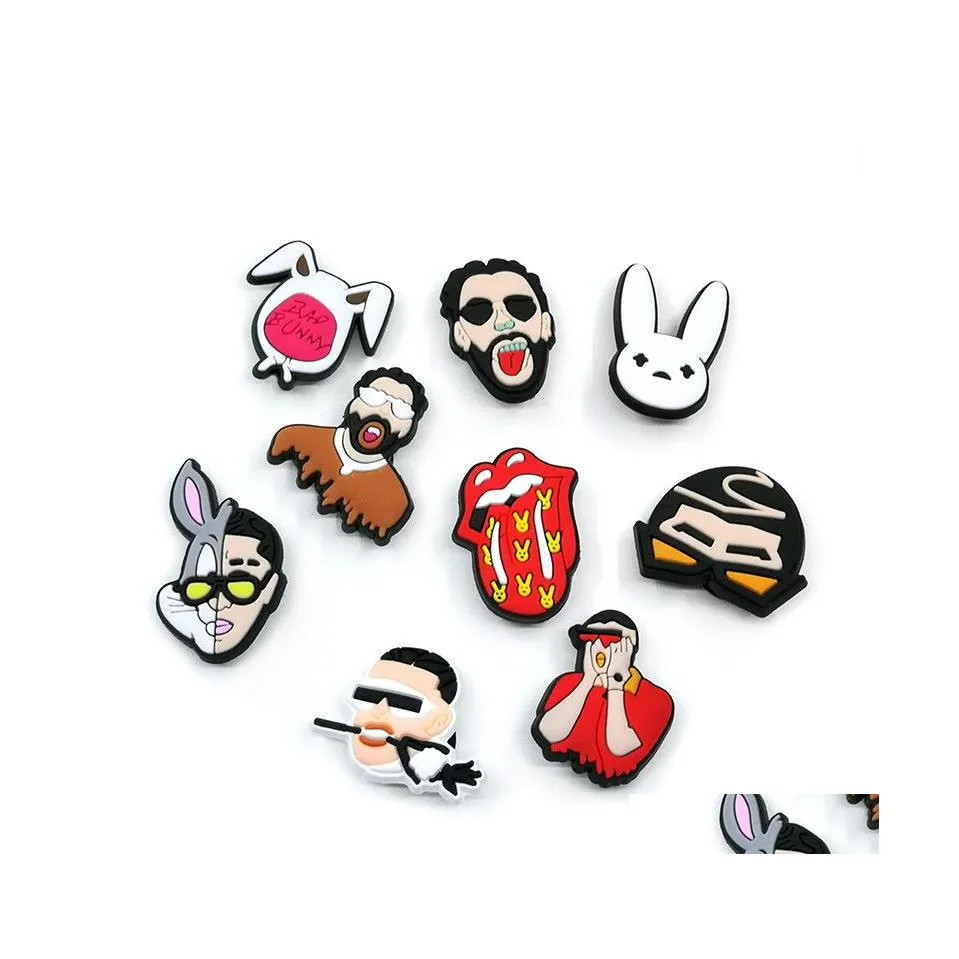 إكسسوارات أجزاء الأحذية 20pcs/مجموعة Bad Bunny Series Charms 2D Soft PVC Clog Jibz Shoes Decoveration