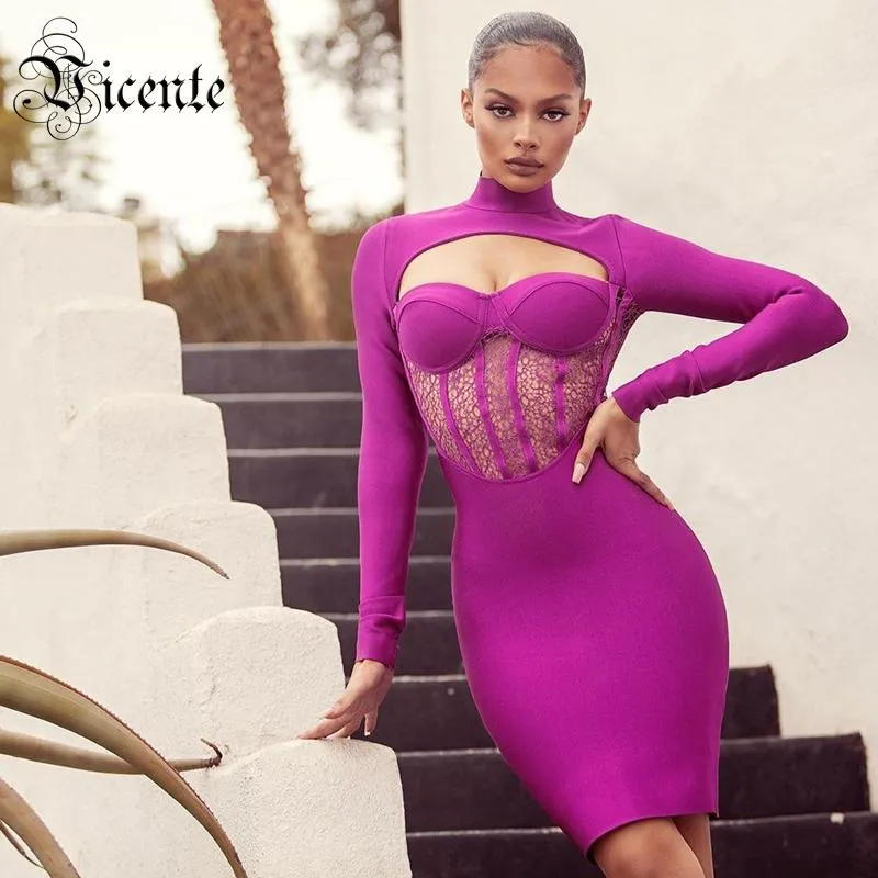 Casual Dresses VC All 2023 Trendy Purple Lace SPICING DESIGN SEXY HOLLOW OUT Celebrity Party Club Bandage Mini Dress