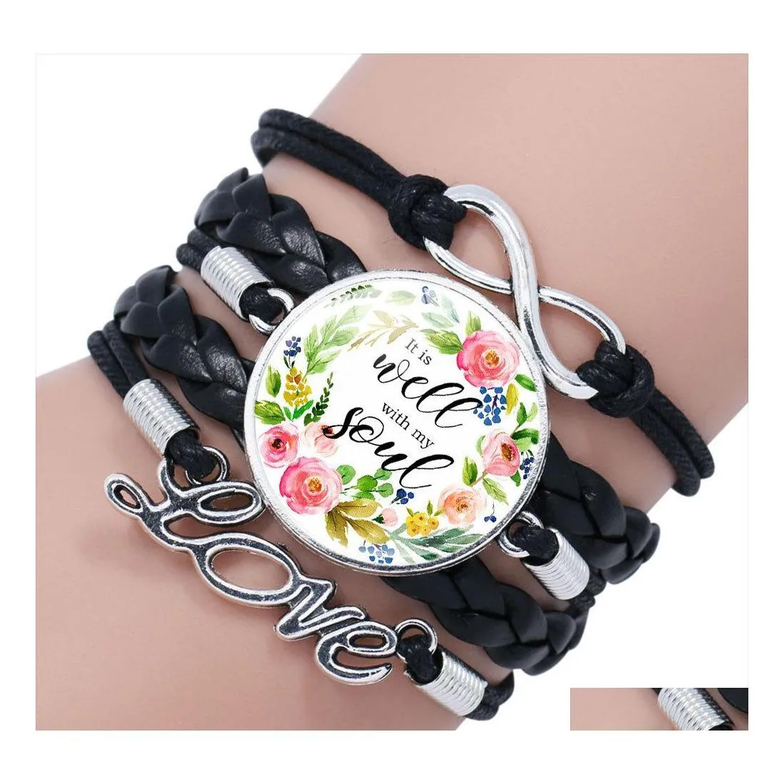 Braccialetti con ciondoli Religione Scrittura Mti Corda in pelle a strati per donna Uomo Cabochon in vetro Sacra Bibbia Braccialetto Gioielli di moda In Bk Dro Ot9Si