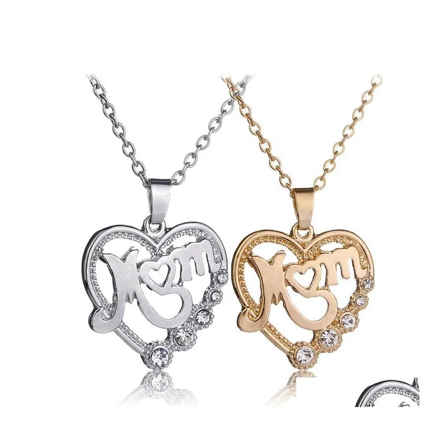 Pendant Necklaces Luxury Mom Love Heart Shape Austrian Crystal Hollow Gold Sier Chains For Women Mama Jewelry Mothers Day Gift Drop Otz6V