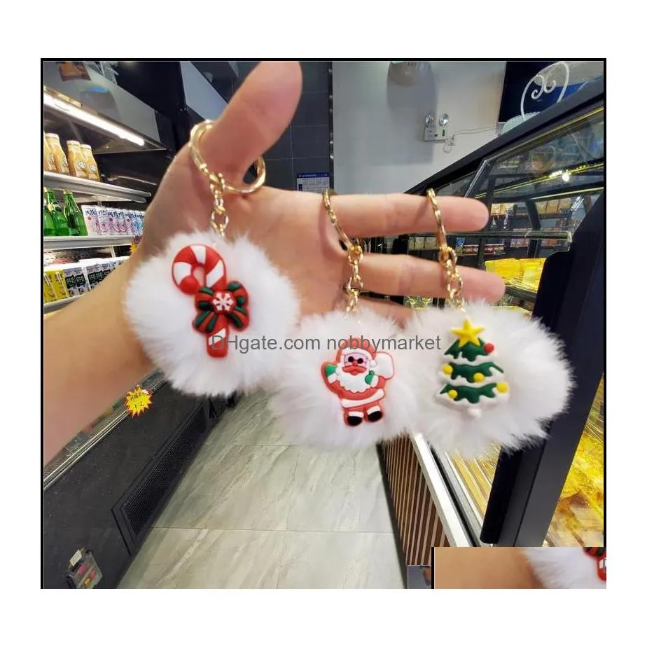 Schlüsselanhänger Schmuck Kreativer Weihnachtsring Santa Fur Ball Schlüsselanhänger für Frauen Geschenk Handytasche Anhänger Schlüsselanhänger Auto Ornamente Cu Dhzqc