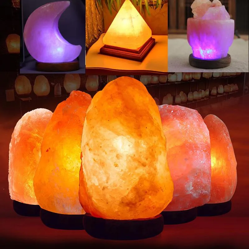 التماثيل الزخرفية الكائنات الطبيعية في الهيمالايا الحجر مصباح الملح USB شفاء الليل رومانسية فاتحة الخشبية قاعدة صخور بلورية ملونة Lightdeco