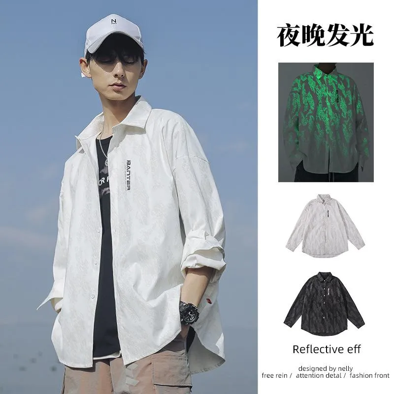 Men's Casual Shirts Han Luxin 2023 Spring And Summer Full Body Luminous Printing Shirt Long Sleeve Coat