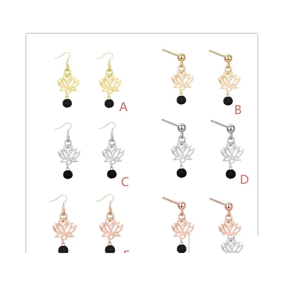 Arts And Crafts 6Styles Sier Or Couleur Noir Pierre De Lave Lotus Boucles D'oreilles Diy Aromathérapie Huile Essentielle Diffuseur Dangle Boucles D'oreilles Jewel Dhaoe