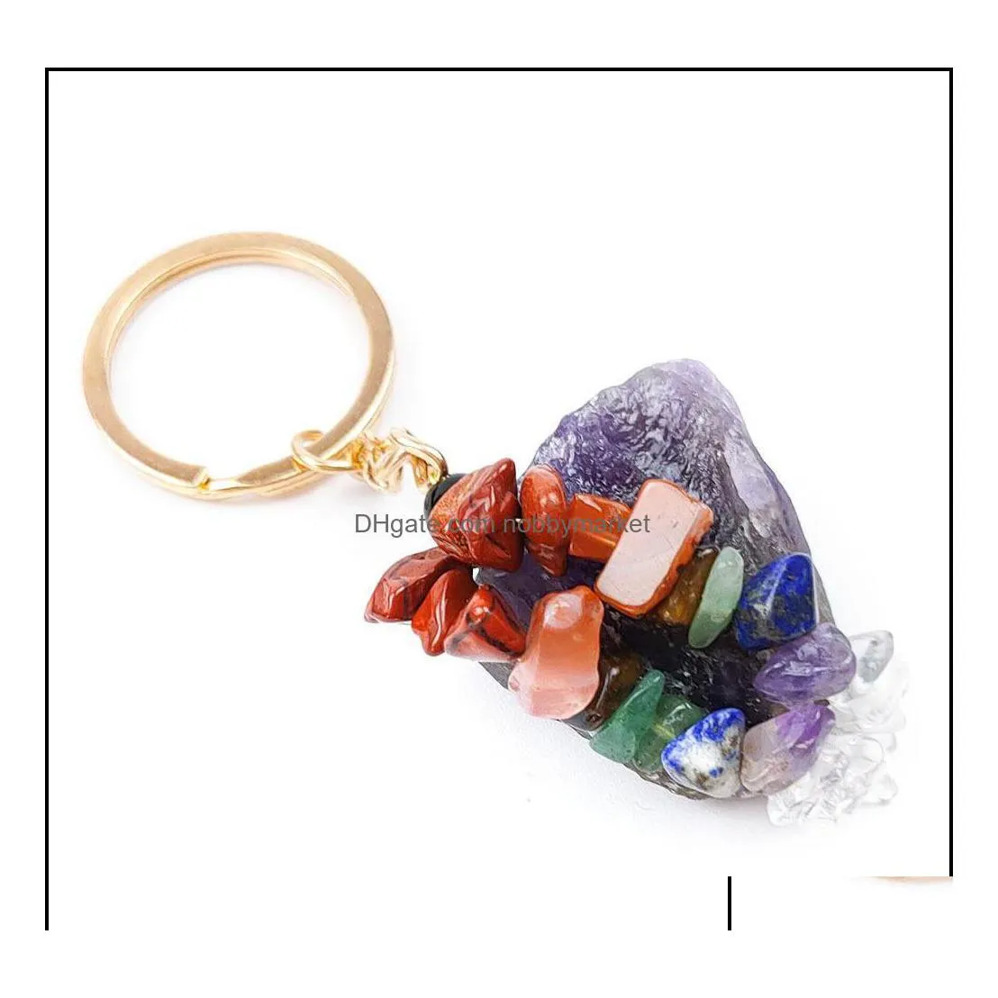 Bagues clés Bijoux Pierre naturelle brute Pierre précieuse Bague Quartz Améthyste Oeil de Tigre Cristal Porte-clés Agate Ore Méditation Pendentif Hangbag Dhqb1