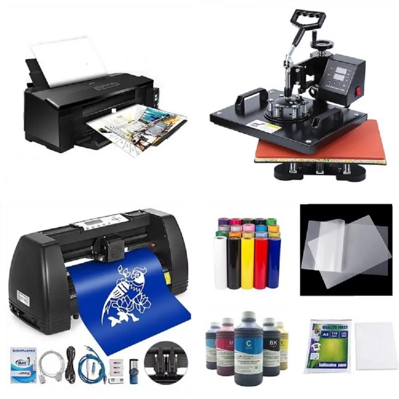 Printers 8in1 Warmtepersoverdracht machine ontwerp voor t-shirt L1800 sublimatie injet printer en 14 "vinyl snijgrafiek plotter