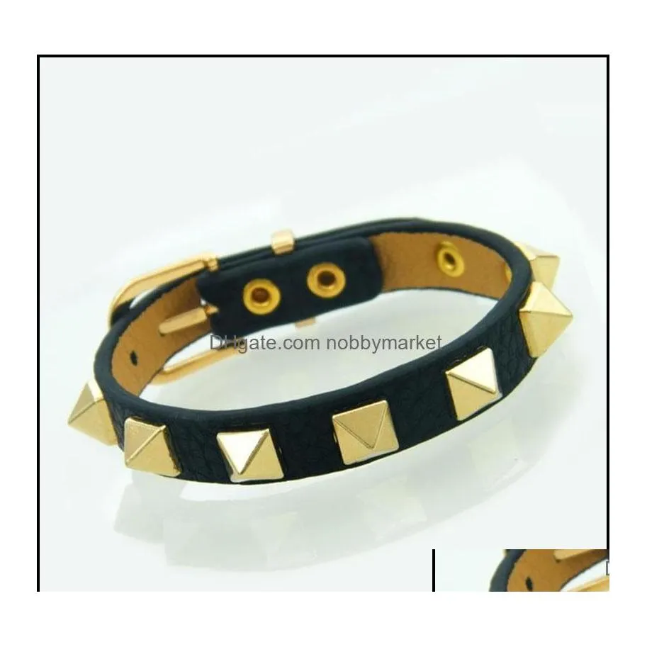 Bracelet Bracelets Bijoux Corée Punk Style Hommes et Femmes Rivets Cercle Unique Pu Bracelet En Cuir En Acier Inoxydable Manchette De Luxe Marque 2 Dhn1U