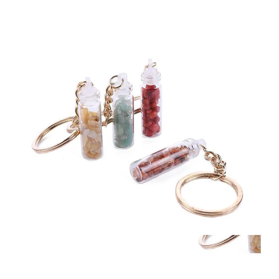 Ключевые кольца модная гравийная гравийная хрустальная цепь энергия камень дрифт бутылка для бутылки для ключей -брелок сбросить ювелирные украшения