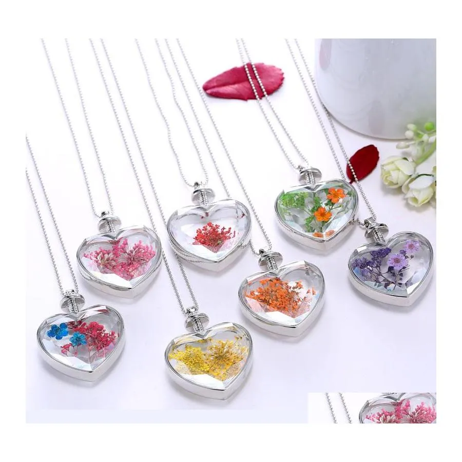 Pendentif Colliers Mode Fleurs Séchées Plante Spécimen Bouteille Verre Amour Coeur Pendentifs Pour Femmes Médaillon Bijoux De Fête Drop Livraison ot8Zg