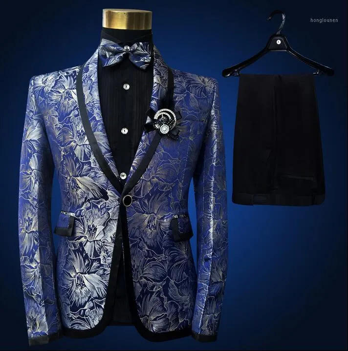 メンズスーツブレザー青色の装飾パターンメンデザインスリムフォーマルドレス歌手ブレザーダンスの服のためのスリムフォーマルドレス