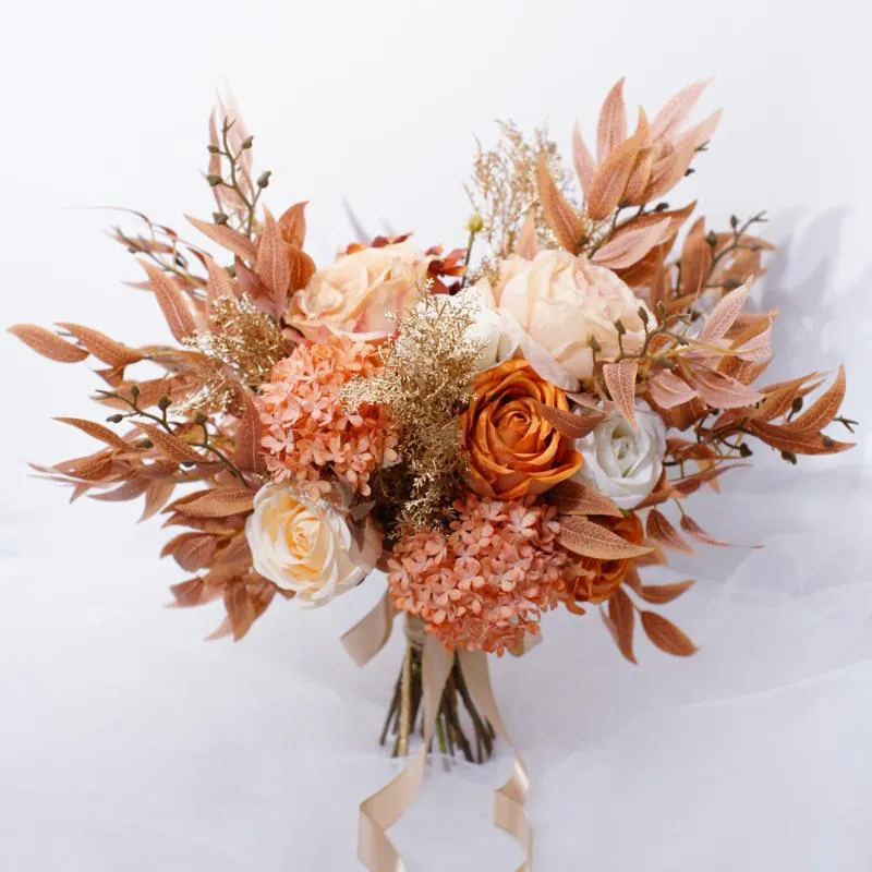 Bröllopsblommor Sesthfar 2023 Light Orange Bridal Bouquet Artificial Rose Hortangea Charming Boque de Noiva