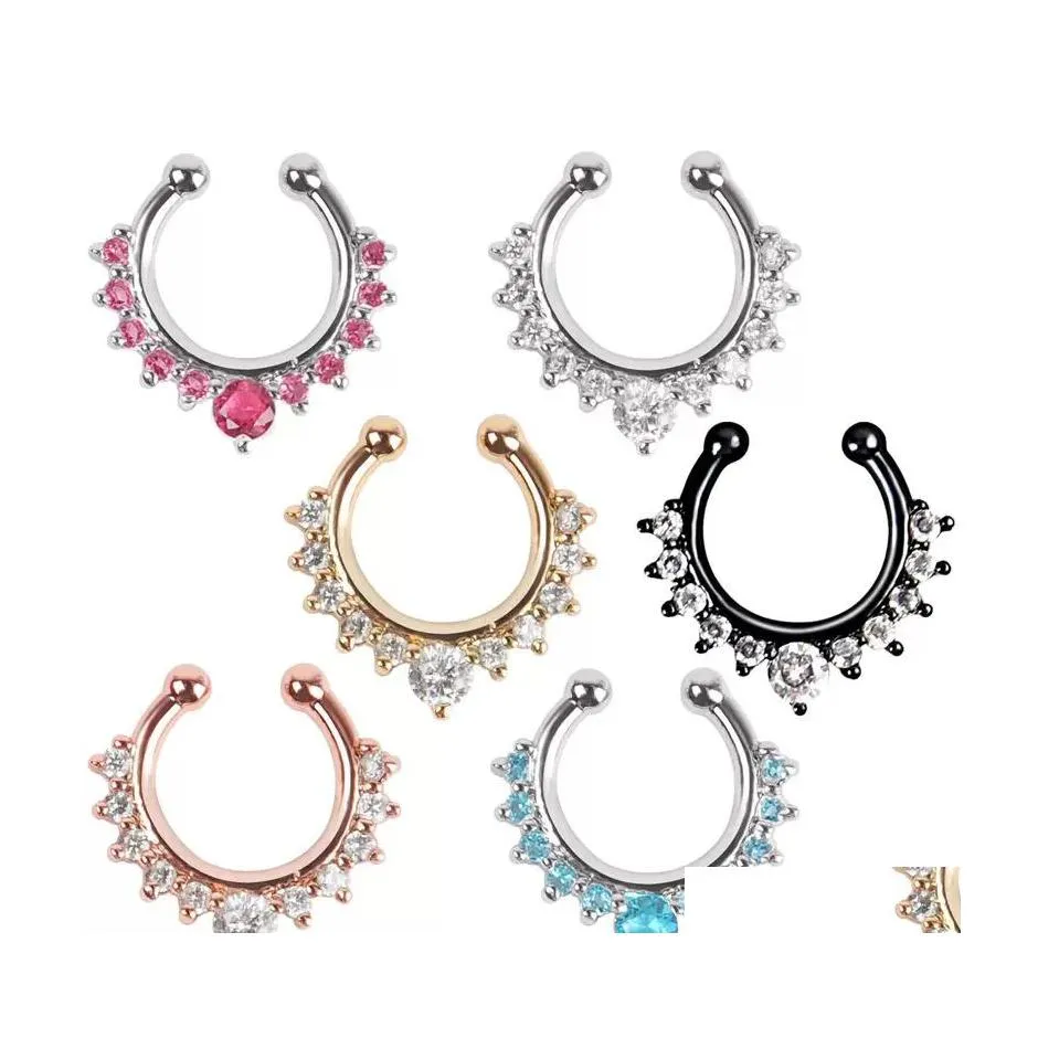 Nose Rings Studs Zircon Fake Septum Piercing Ring Hoop For Girl Men Faux Body Clip Jewelry Non Pierced Drop Delivery Dhs9S