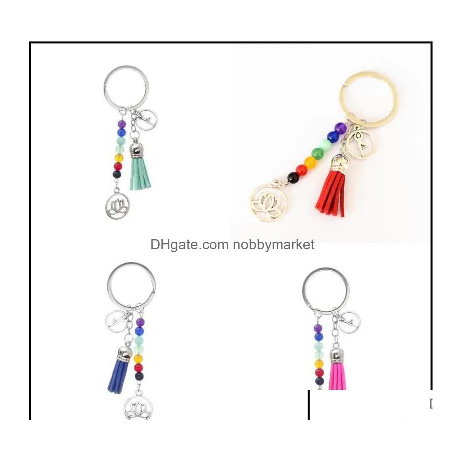 Anneaux clés bijoux Lotus Tassel chaînes Anneau 7 Chakra Reiki Healing Yoga Perles de pierre naturelle Fleur Pendre Keychain Assories Gift Ch dhuws