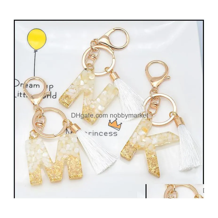 Key Rings Jewelry Gold Tassel Alphabet Keychain English Letter Keyring Glitter Gradient Resin Leaf Crafts Car Mirror Handbag Charms Dhw6Y