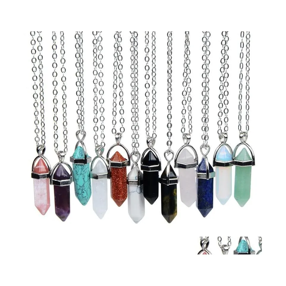 Arts And Crafts Natural Stone Hexagonal Column Tiger Eye Opal Pink Quartz Crystal Pendant Necklaces For Women Reiki Heal Pendum Char Dhlhi