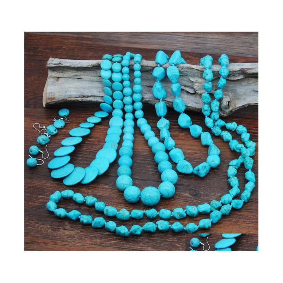 Orecchini collana retrò set di matrimoni Etnic Vintage Vintage Drop Drun Women Blue Stone Turquoiss Boho Gioielli set 509 H1 Delivery Dhnjy