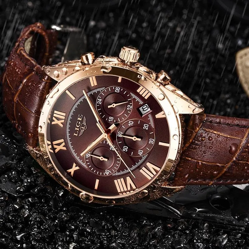 Wristwatches 2023 LIGE Watch For Men Top Waterproof 24 Hour Date Quartz Clock Brown Leather Sports WristWatch Relogio Masculino