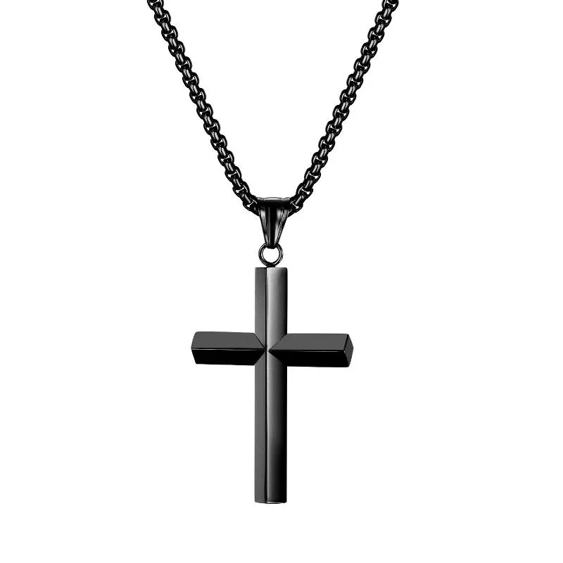Pendant Necklaces Men's Boy Black Bevel Cross Necklace Stainless Steel Chain Rolo 3mm 24''Pendant
