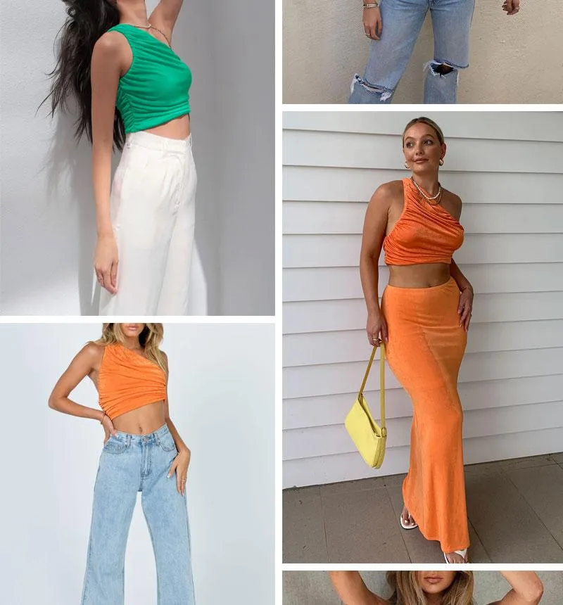 Women's Swimwear One Shoulder Crop Top Women Sexy Sleeveless Ruched Tank Summer White Black Blue Orange Plain Short Tanks CamisWomen's