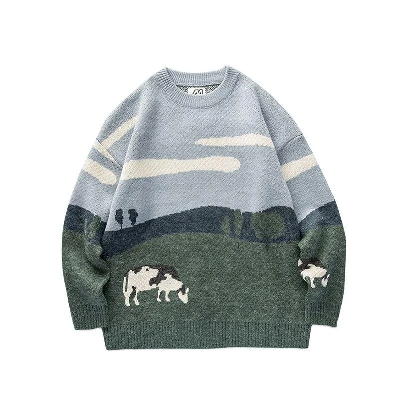 Men's Sweaters Youth Men O-Neck Korean Cow Print Knit Sweater Casual Pullover Tops For Winter Fashions ClothesMen's