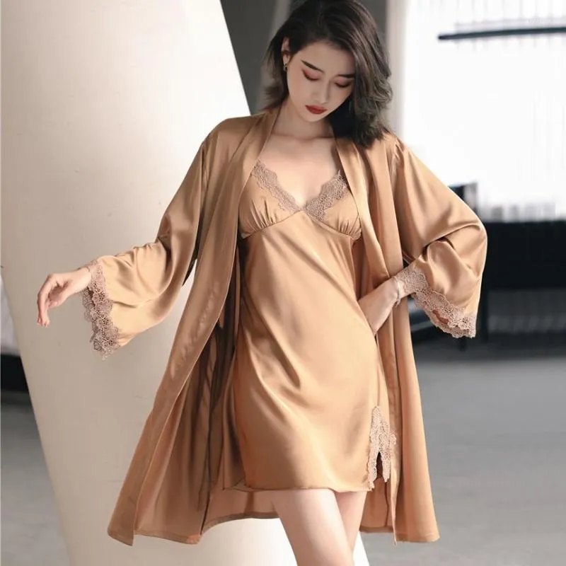 Women's Sleepwear Twinset Robe Set Womens Sexy Satin Kimono Bathrobe Gown Sleep Suit Lace V-Neck Summer Nightwear Loungewear