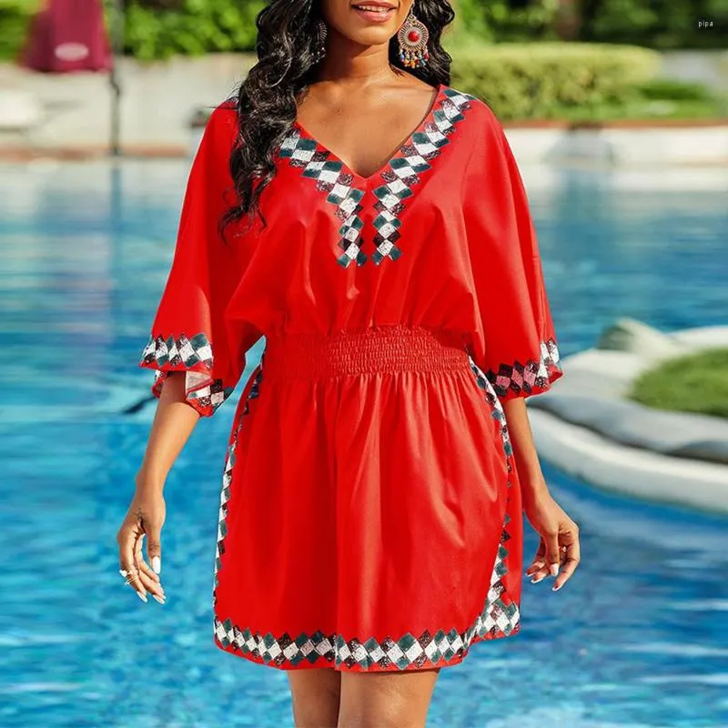 Robes décontractées MISSJOY Sexy V-cou Protection solaire Mini robe femmes Vintage taille élastique 3/4 manches ethnique imprimé bohème Robe de Plage
