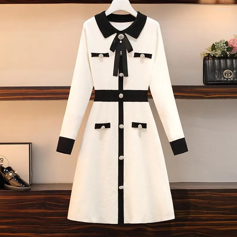 Casual Dresses Elegant Women Beading Button Knitted Dress Chic Autumn Black White Hit Color Pearl Bowknot Lapel Collar Sweater