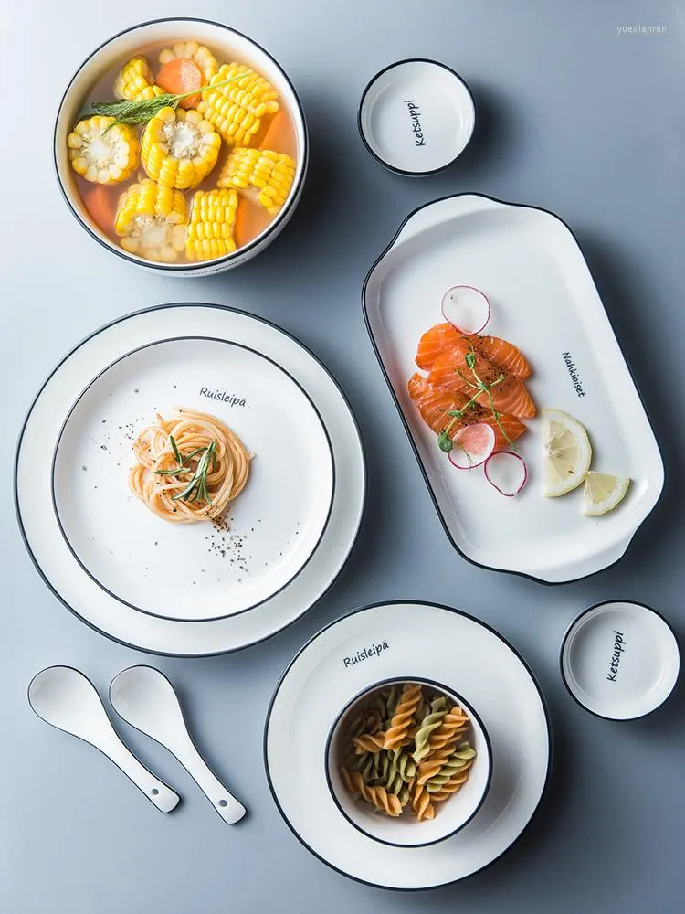 Płytki Nordic Western Plate Kolor czarna linia ceramiczna zastawa stołowa miska danie domowe zupa ryż