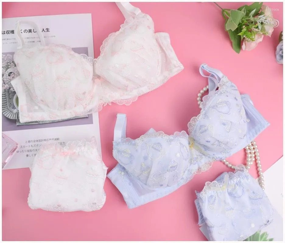 Kawaii Lingerie Set: Lace Embroidered Push Up Bra And Matching Bra And  Panties In White And Blue Korean Style 2023 Collection From Ipinkie, $19.6