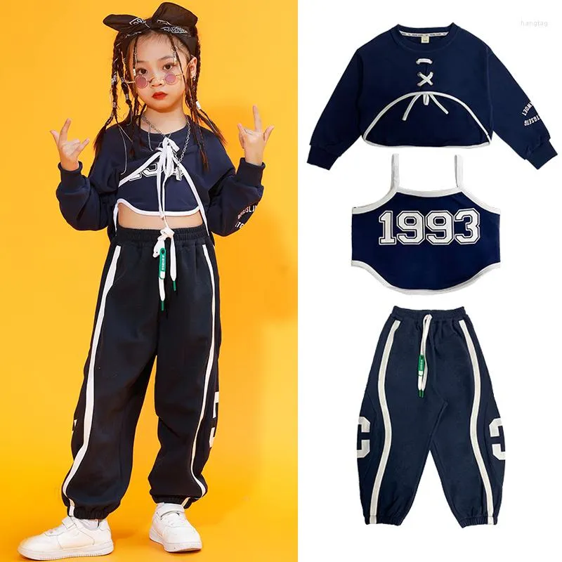 Stage Wear Kpop Girls Jazz Dance Costume Long Sleeves Navel Tops Sweatpants Hip Hop Kids Clothes Street Outfit Group Show Suit BL9700